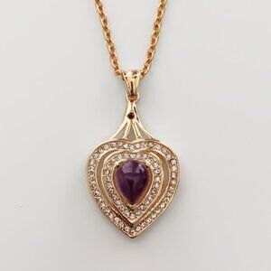 Genuine Amethyst & White Crystal Heart Pendant Necklace in Goldtone